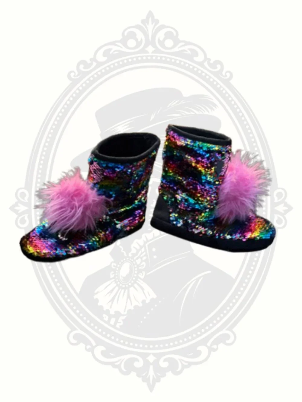 Justice Rainbow Sequin Slipper Boots Girls Size 2/3 Pink Pom Poms Cozy Indoor